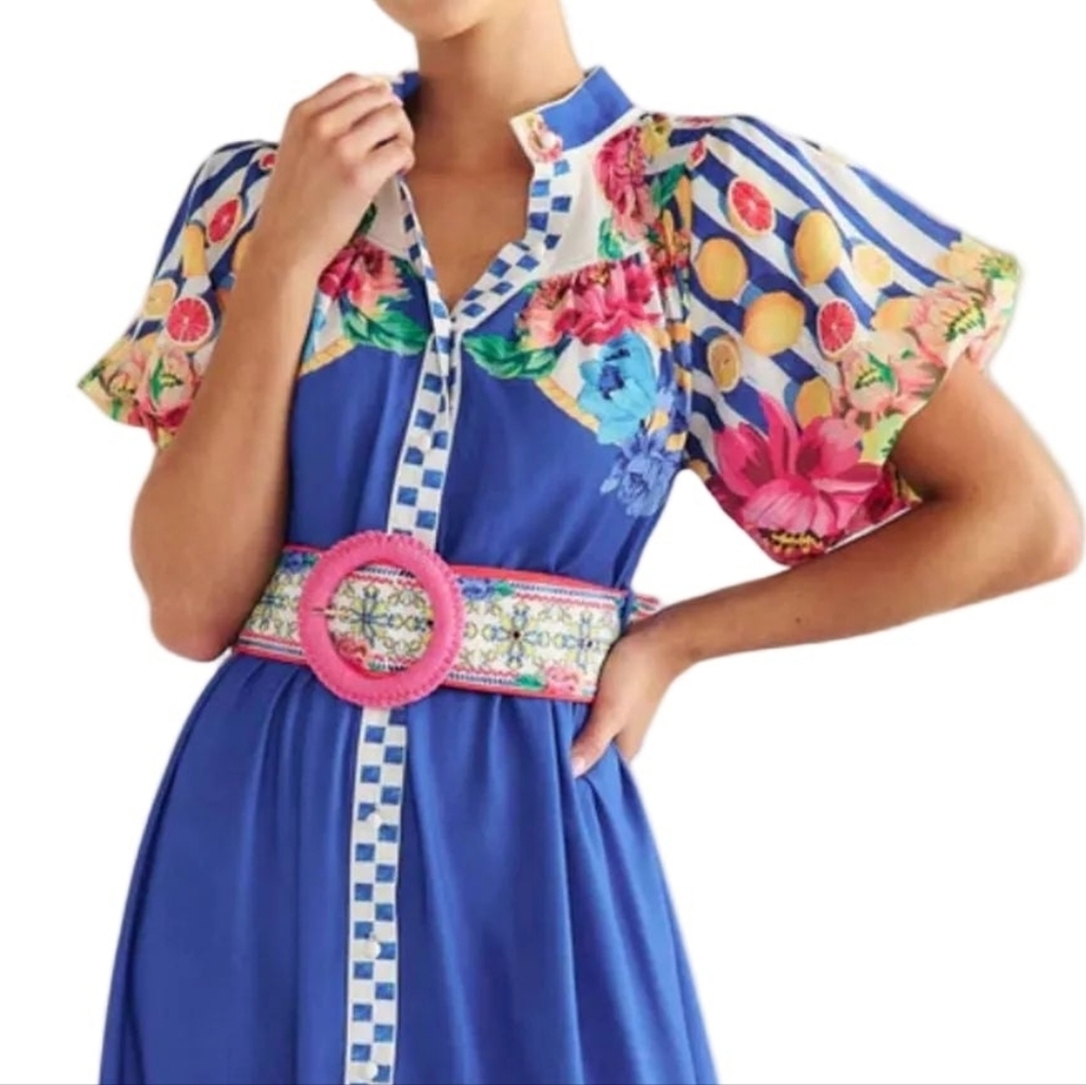 Garden Floral Button-Up Mock Neck Puff Sleeve Wide Belt Slit Front Maxi Dress - Picture 6 of 16